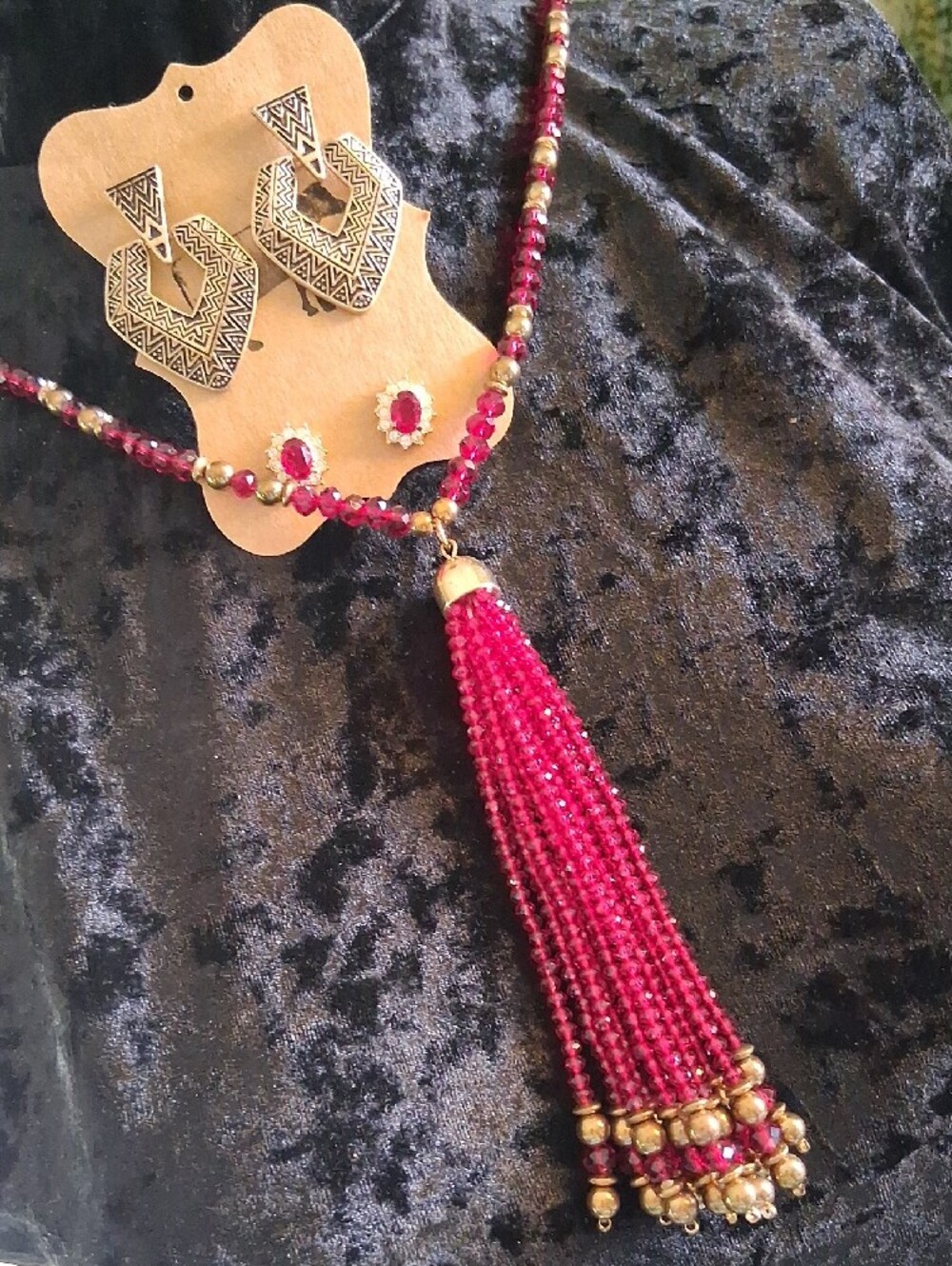 Gold & Ruby Glass Crystal Cut Beaded Tassel Necklace w Matching Earrings 32+2 In - Picture 3 of 9